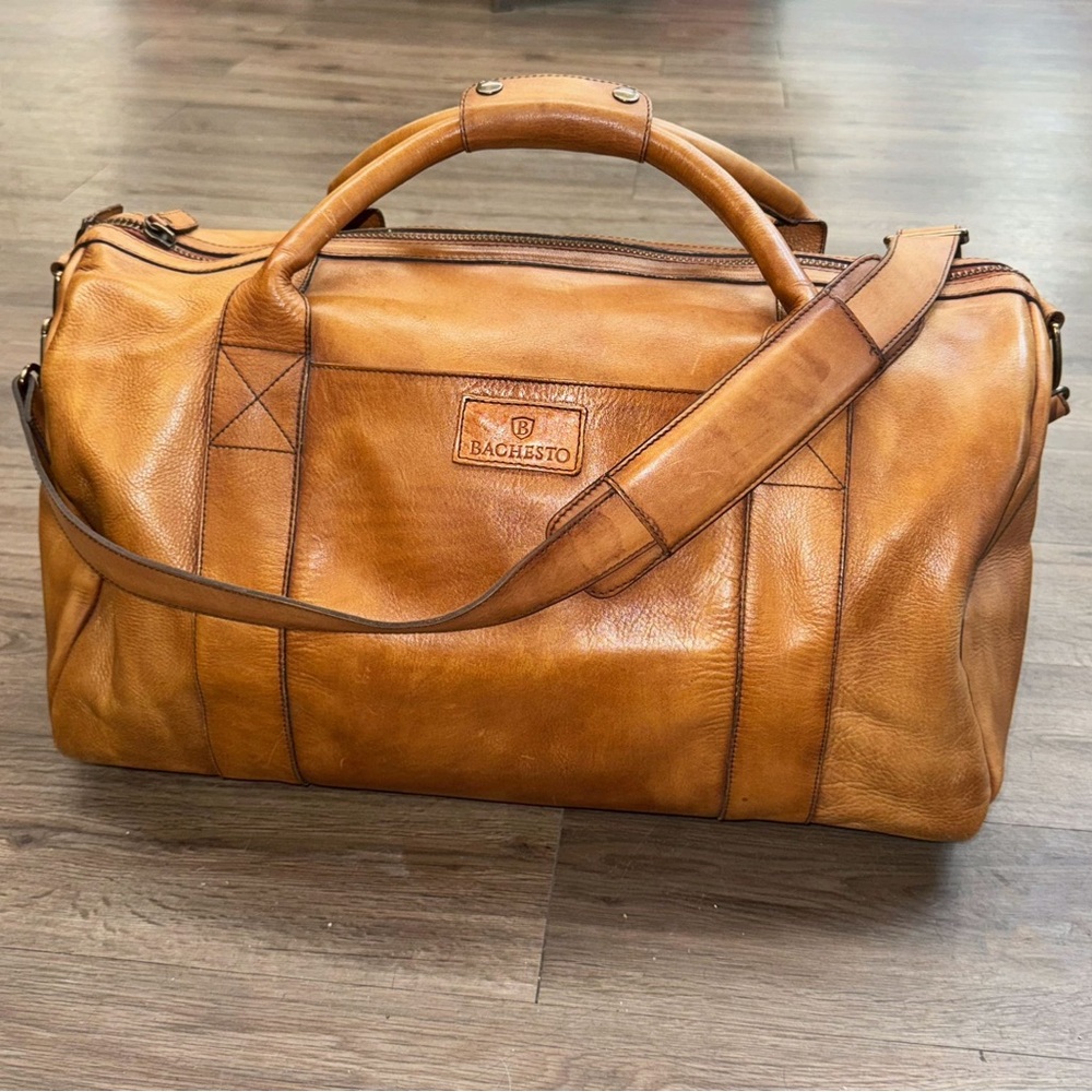 Premium Tan Leather Weekender Bag 100% Genuine Leather Duffel Carry On Travel - Picture 2 of 6